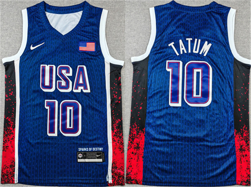 Men's Navy USA Basketball #10 Jayson Tatum 2024 Olympics Stitched Jersey